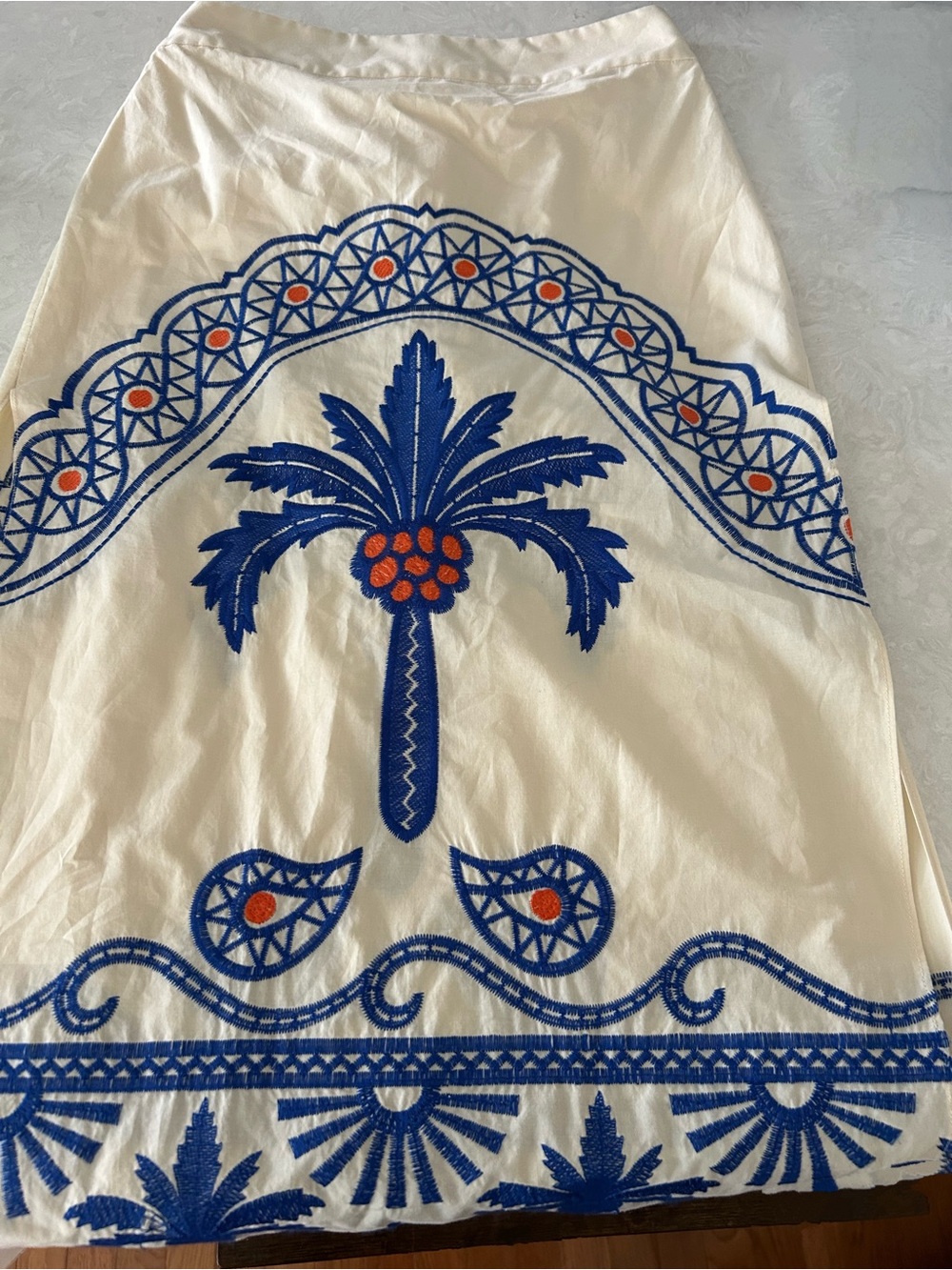 Johanna Ortiz Cream nature walk midi Skirt with Blue and Orange Embroidery